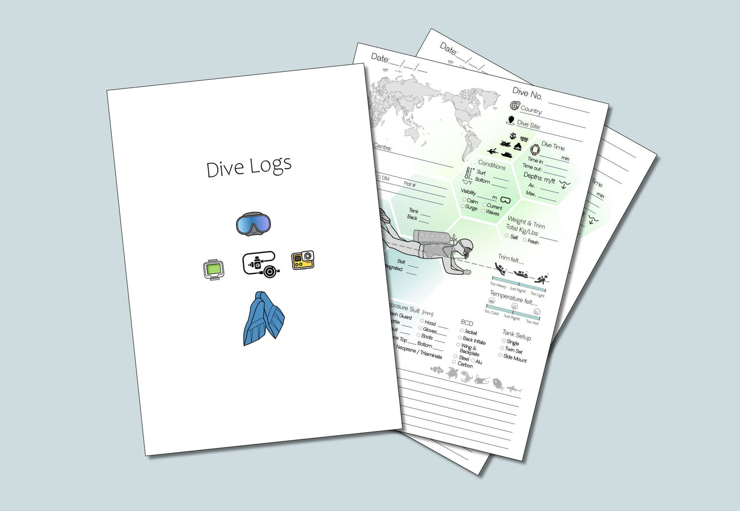 Professional scuba diving log page layout designed by PADI instructor for detailed dive recording