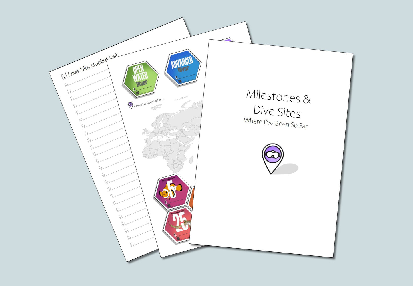 Inside view of The Dive Journal showing milestone pages