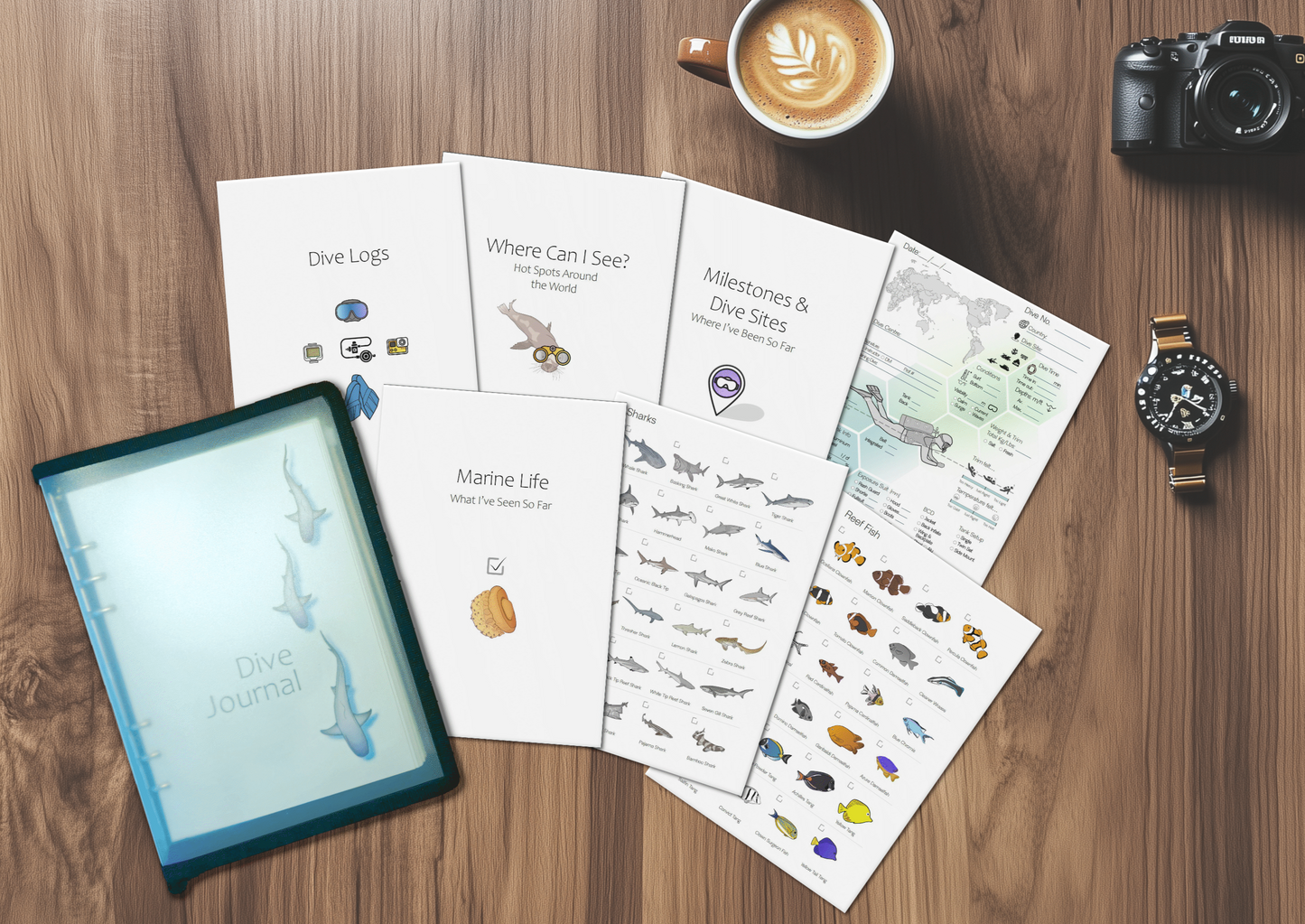 Premium water-resistant scuba diving log book with marine species tracking, designed by PADI instructor