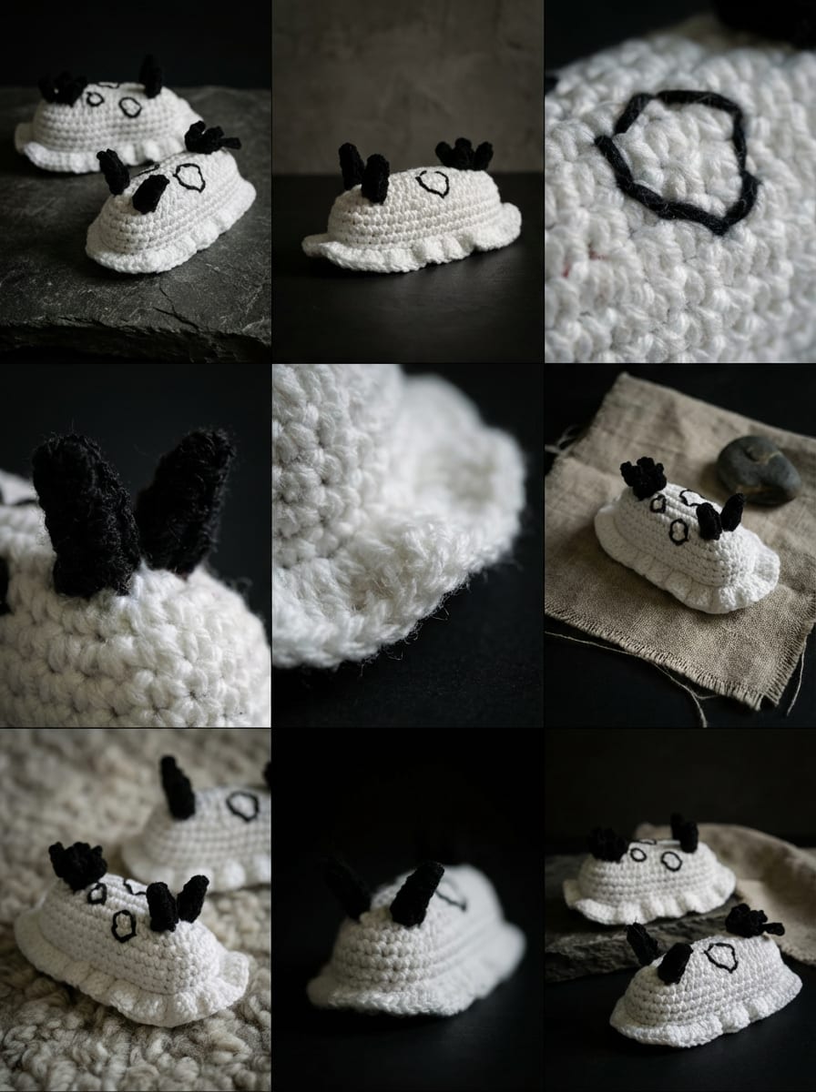 Hand-crocheted white nudibranch with black gills and rhinophores